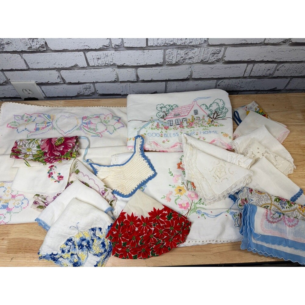 19 Vintage Hankies Runners Pillowcase Floral Beige Embroidered Mixed Lot